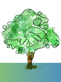 An illustration of a tree with hands clasped in the foliage.